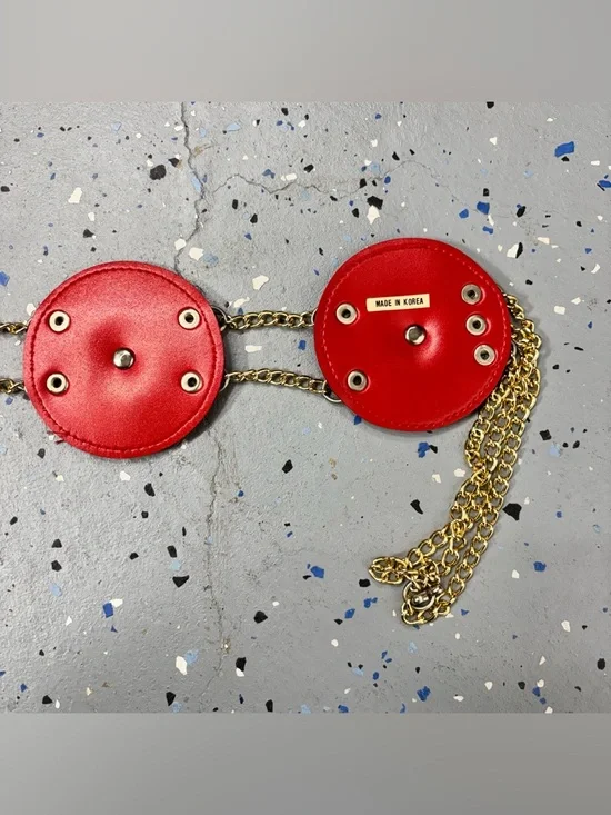 Vintage Western Disc Belt Silver Concho Red Embossed Faux Leather Gold Chain S/M - Picture 10 of 13